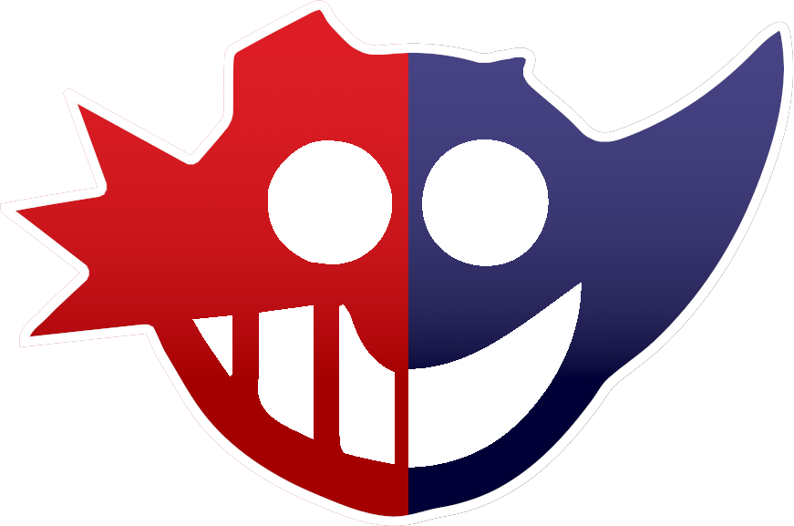 Logo Painto & Mació Entertainment. Złączone kontury symbolizujące Eggmana oraz Bokkuna w kolorze białym, wypełnione odpowiadającymi im kolorami czerwonym i granatowym.